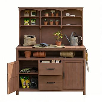 45.3" Fir Wood Potting Bench/Kitchen Island w/ Hutch, Cab, Drawers, Hooks, for Garden & Grill
