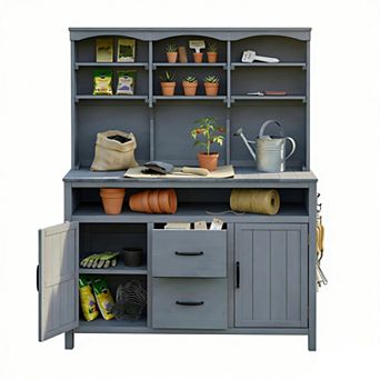 45.3" Fir Wood Potting Bench/Kitchen Island w/ Hutch, Cab, Drawers, Hooks, for Garden & Grill
