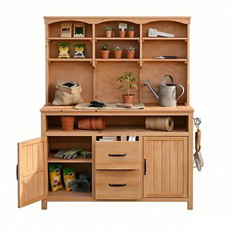 45.3" Fir Wood Potting Bench/Kitchen Island w/ Hutch, Cab, Drawers, Hooks, for Garden & Grill