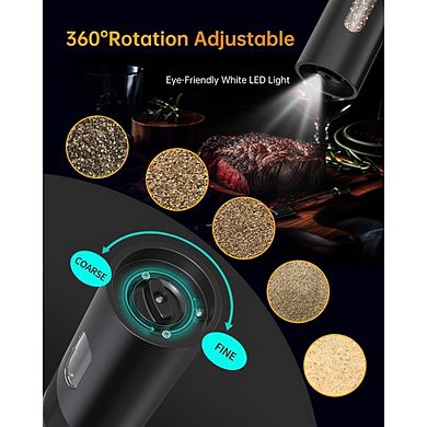 Electric Pepper Grinder, Rechargeable, Adjustable Coarseness, LED Light