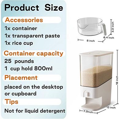 10 L / 25 Lb Rice and Grain Storage Container with Measuring Cup Cereal Dispenser