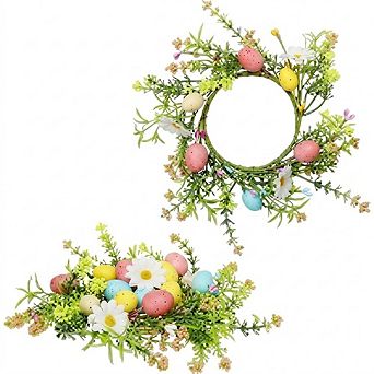 Easter Candle Rings Set of 2, 4＂ Floral Egg Wreaths for Pillar Candles, Festive Decor
