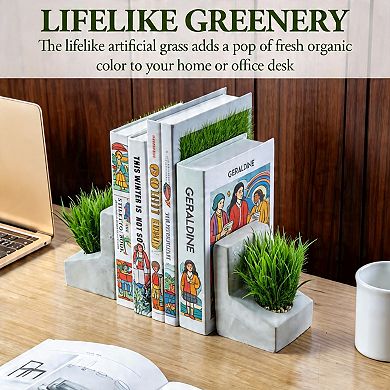 Heavy Concrete L‑Shaped Bookends With Artificial Grass