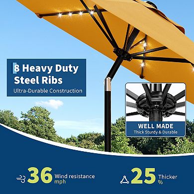 9FT LED Patio Umbrella with 32 Lights, Adjustable Tilt & Crank Design, 8 Sturdy Ribs Waterproof