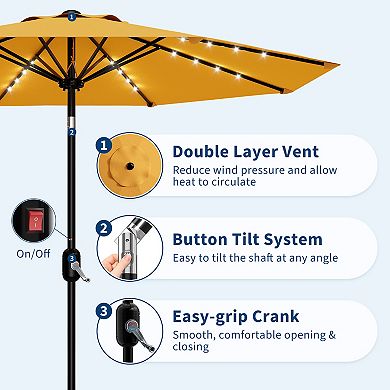 9FT LED Patio Umbrella with 32 Lights, Adjustable Tilt & Crank Design, 8 Sturdy Ribs Waterproof