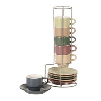 Gibson Elite Sensations 13 pc Stoneware Espresso Cup and Saucer Set with Metal Rack