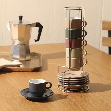 Gibson Elite Sensations 13 Piece Stoneware Espresso Cup and Saucer Set with Metal Rack