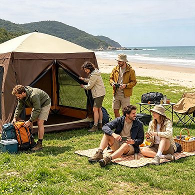 BAOURE 300D Oxford 6x6Ft Brown Pop Up Screen Gazebo With Removable Wind Cloths And Mosquito Netting