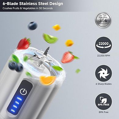 Portable Personal Blender, USB-C Rechargeable, 6-Blade Smoothie Maker