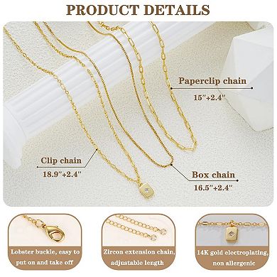 Kaelin Home Womens 3Pcs 14K Plated Paperclip Box Layered Necklace Set