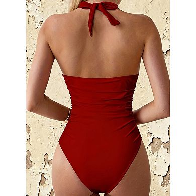 Women's Halter One-Piece Swimsuit, Tummy Control Ruched Bathing Suit with Keyhole Neckline