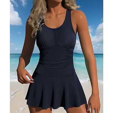 Women's One-Piece Swimdress, Racerback Tummy Control Bathing Suit with Skirted Bottom