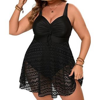 Women's Plus Size Swimdress, Crochet Lace V-Neck Tummy Control Bathing Suit with Adjustable Straps
