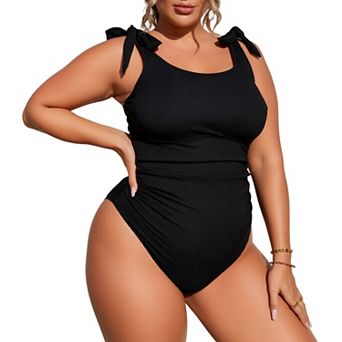 Women's Plus Size Ribbed One-Piece Swimsuit, Tummy Control Bathing Suit with Bow Ties