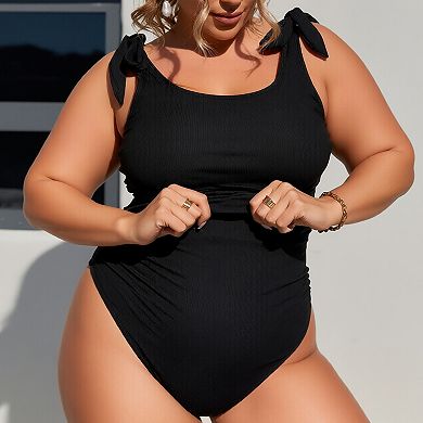 Women's Plus Size Ribbed One-Piece Swimsuit, Tummy Control Bathing Suit with Bow Ties