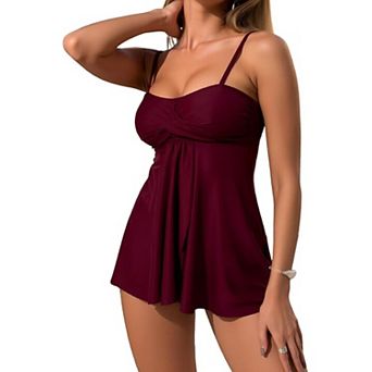 Women's Twist Front Swim Dress, One Piece Tummy Control Swimsuit with Adjustable Spaghetti Straps