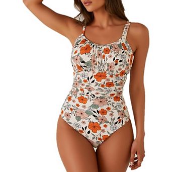 Women's Floral Print One Piece Swimsuit, Ruched Tummy Control Bathing Suit with Back Cutout