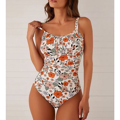 Women's Floral Print One Piece Swimsuit, Ruched Tummy Control Bathing Suit with Back Cutout