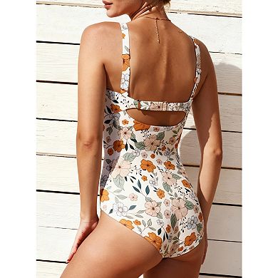 Women's Floral Print One Piece Swimsuit, Ruched Tummy Control Bathing Suit with Back Cutout