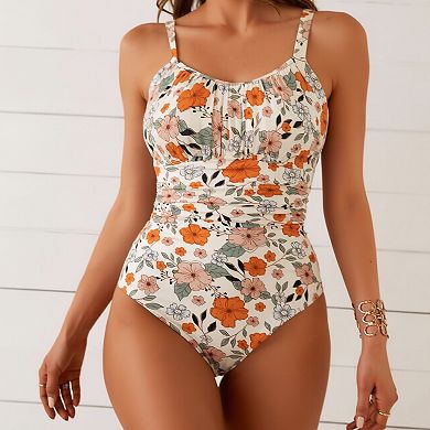 Women's Floral Print One Piece Swimsuit, Ruched Tummy Control Bathing Suit with Back Cutout