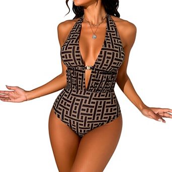Women's Halter One Piece Swimsuit, Deep V Neck Tummy Control Bathing Suit with Back Tie