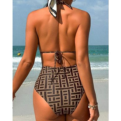Women's Halter One Piece Swimsuit, Deep V Neck Tummy Control Bathing Suit with Back Tie