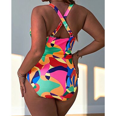 Plus Size One Piece Swimsuit, Tummy Control Cross Back Bathing Suit with Adjustable Straps