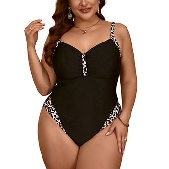 Plus Size One Piece Swimsuit, Leopard Print Trim Tummy Control Bathing Suit