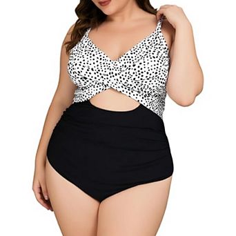 Plus Size One Piece Swimsuit, Polka Dot Wrap Cutout Bathing Suit with Tie Back