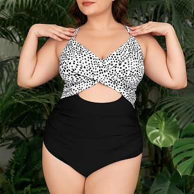 Plus Size One Piece Swimsuit, Polka Dot Wrap Cutout Bathing Suit with Tie Back