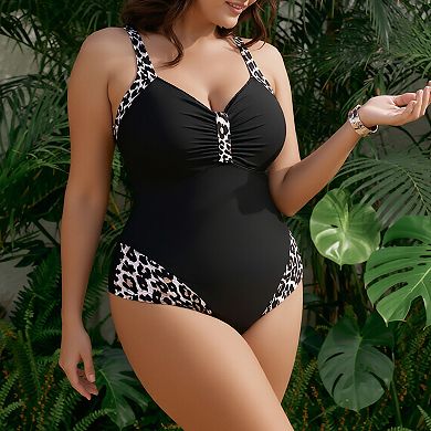 Plus Size One-Piece Swimsuit with Leopard Print Trim & Tummy Control
