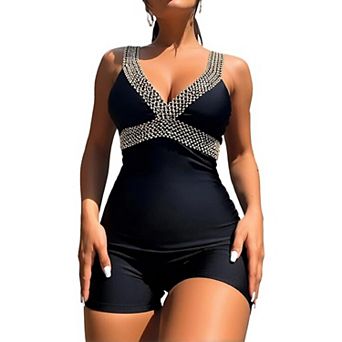 Women's One-Piece Boyleg Swimsuit with V-Neck, Cutout Back & Beaded Trim