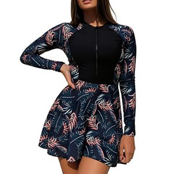 Women's Long Sleeve Rash Guard Swim Dress with Tropical Print & Front Zip