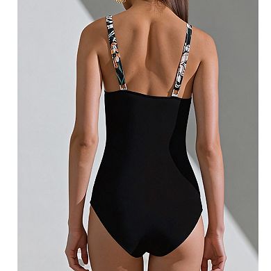 Women's Floral Mesh High Neck One-Piece Swimsuit with Adjustable Straps