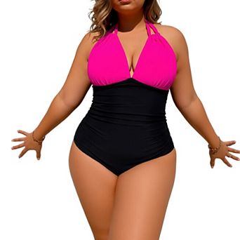 Plus Size Color Block Halter One-Piece Swimsuit with Tummy Control