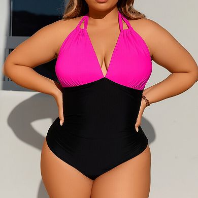 Plus Size Color Block Halter One-Piece Swimsuit with Tummy Control