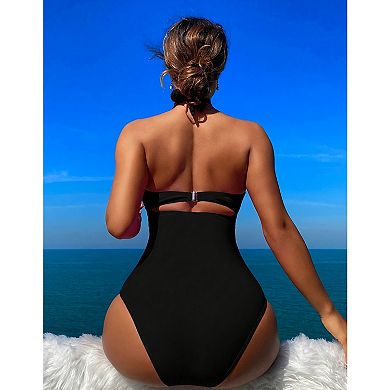 Women's Halter One Piece Swimsuit, Tummy Control Cutout Bathing Suit with Back Clasp for Beach