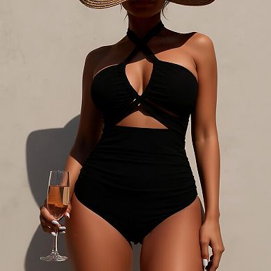 Women's Halter One Piece Swimsuit, Tummy Control Cutout Bathing Suit with Back Clasp for Beach