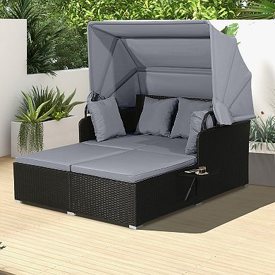 Costway Patio Rattan Daybed Lounge Retractable Top Canopy Side Tables Cushions