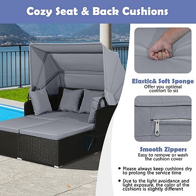 Costway Patio Rattan Daybed Lounge Retractable Top Canopy Side Tables Cushions