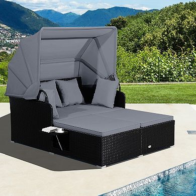 Costway Patio Rattan Daybed Lounge Retractable Top Canopy Side Tables Cushions