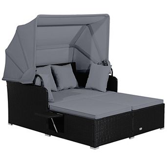 Costway Patio Rattan Daybed Lounge Retractable Top Canopy Side Tables Cushions