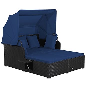 Costway Patio Rattan Daybed Lounge Retractable Top Canopy Side Tables Cushions