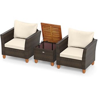 Costway 3 pc Outdoor Patio Rattan Bistro Furniture Set Wooden Table Top Cushioned Sofa