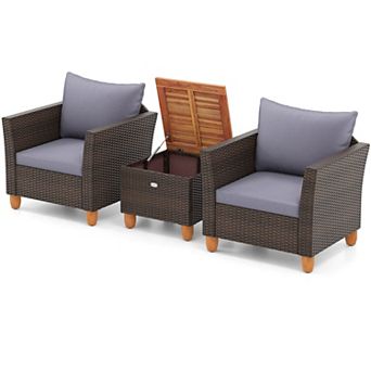 Costway 3 pc Outdoor Patio Rattan Bistro Furniture Set Wooden Table Top Cushioned Sofa