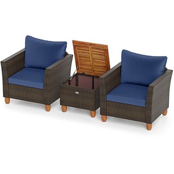 Costway 3 pc Outdoor Patio Rattan Bistro Furniture Set Wooden Table Top Cushioned Sofa