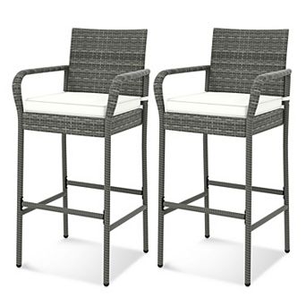 Costway Patio PE Wicker Bar Chairs Counter Height Barstools With Armrests &Cushions