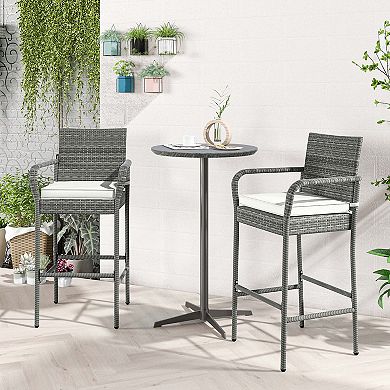 Costway Patio PE Wicker Bar Chairs Counter Height Barstools With Armrests &Cushions