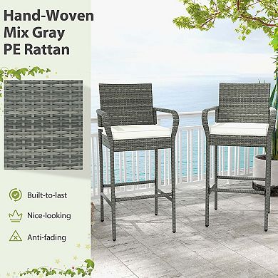 Costway Patio PE Wicker Bar Chairs Counter Height Barstools With Armrests &Cushions