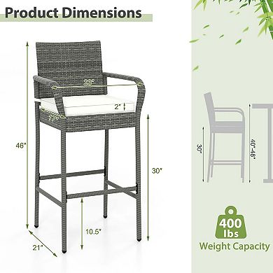 Costway Patio PE Wicker Bar Chairs Counter Height Barstools With Armrests &Cushions